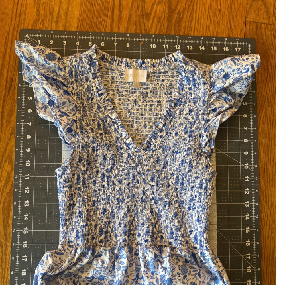 Sugarlips Blue White Floral Toile Smocked Ruffle Maxi Dress Small V-Neck Tiered - Picture 5 of 5